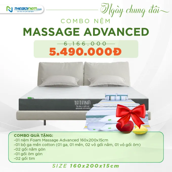 Combo 3: Nệm Massage Advanced + drap mền + gối nằm + gối ôm + gối tim 