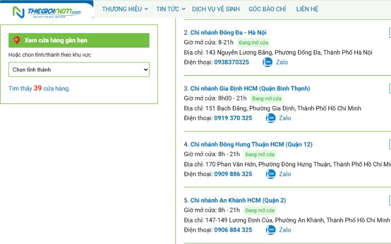 Thông tin địa chỉ mới được cập nhật trên website