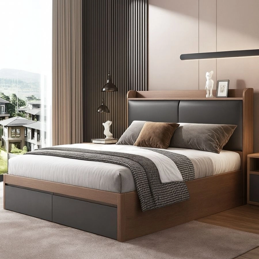 Giường gỗ MDF bọc nệm đầu giường