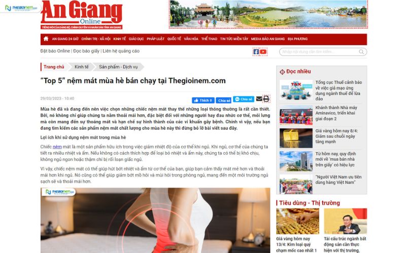 [Báo An Giang] Top 5 nệm mát mùa hè bán chạy tại Thế Giới Nệm