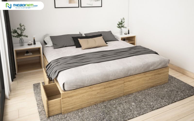 Giường gỗ MDF có thiết kế đơn giản, phù hợp nhiều không gian
