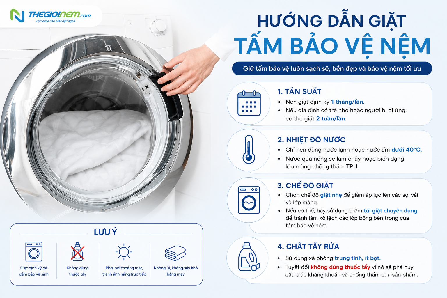 Hướng dẫn giặt tấm bảo vệ nệm