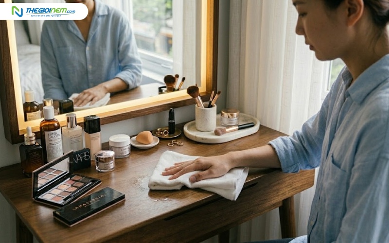 Vệ sinh bàn trang điểm bằng khăn mềm