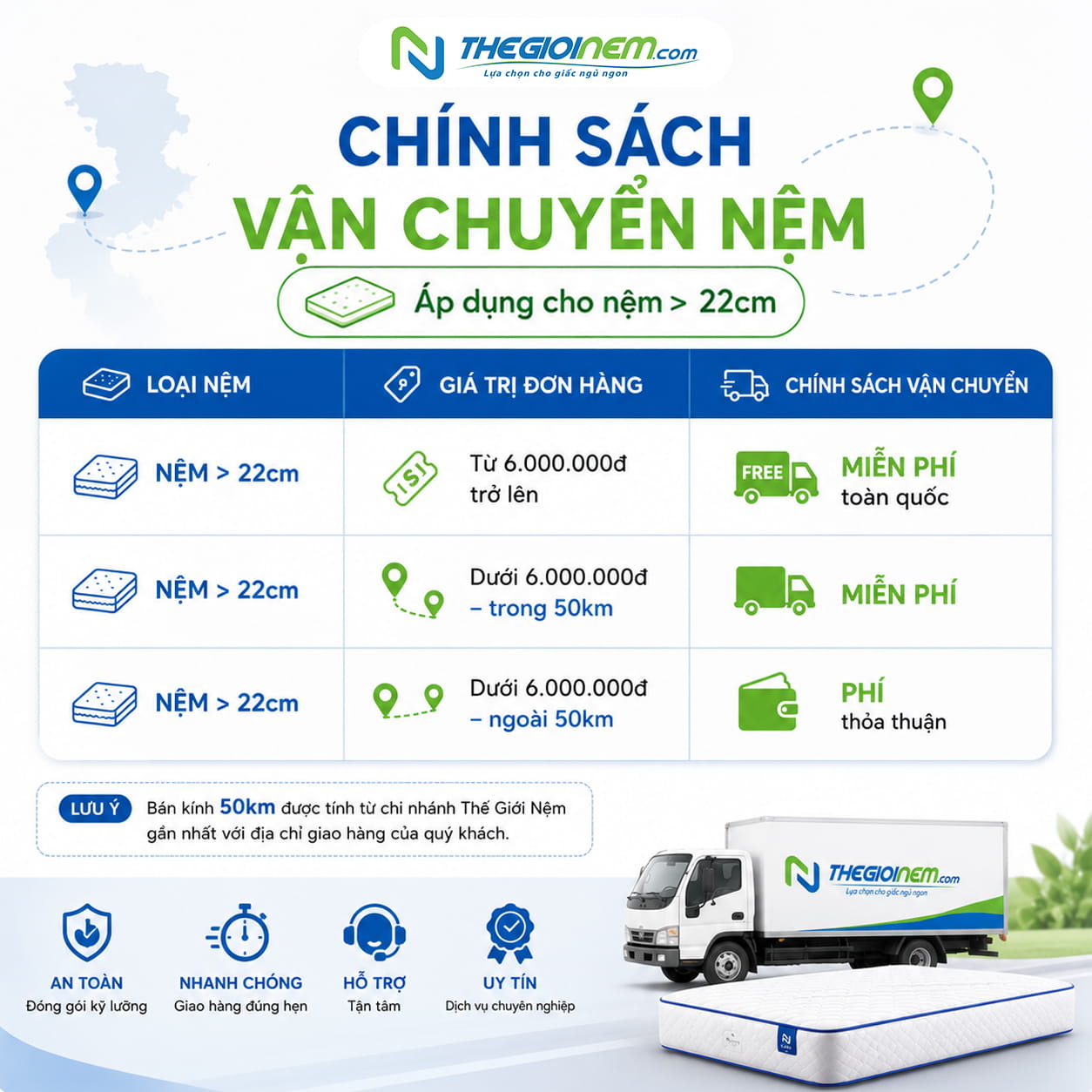 chính sách vận chuyển nệm trên 22cm