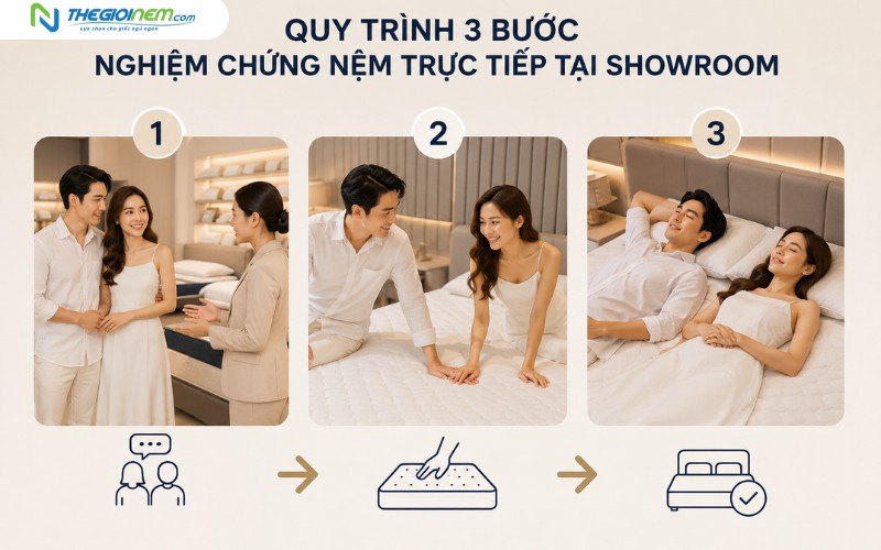 Quy trình 3 bước nghiệm chứng nệm trực tiếp tại Showroom cho các cặp đôi