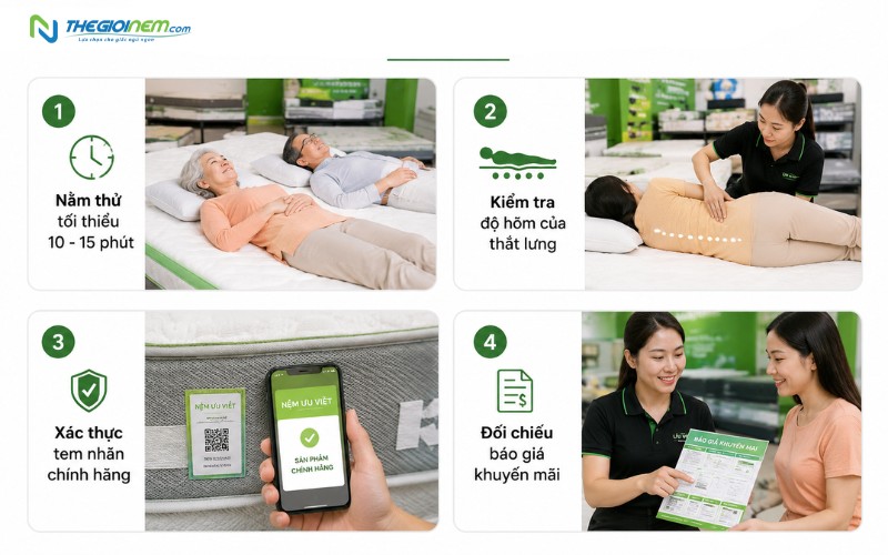 Quy trình 4 bước nằm thử và kiểm tra nệm Ưu Việt chính hãng tại cửa hàng