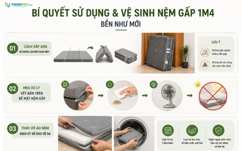 Bí quyết sử dụng &amp;amp; vệ sinh nệm gấp 1m4 bền như mới