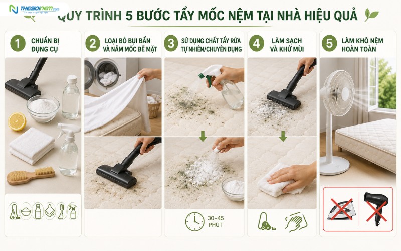 Quy trình 5 bước tẩy mốc nệm tại nhà hiệu quả