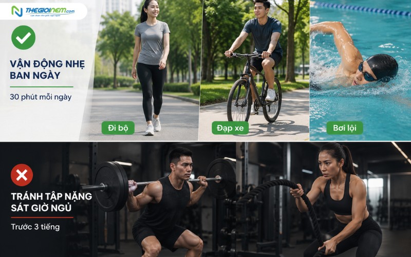Vận động nhẹ ban ngày, tránh tập quá nặng sát giờ ngủ