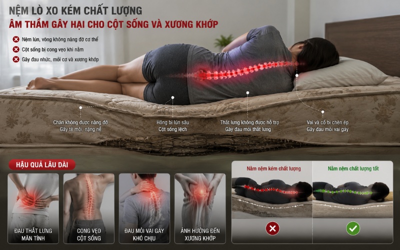 Nệm lò xo không chất lượng sẽ ảnh hưởng tới khả năng nâng đỡ