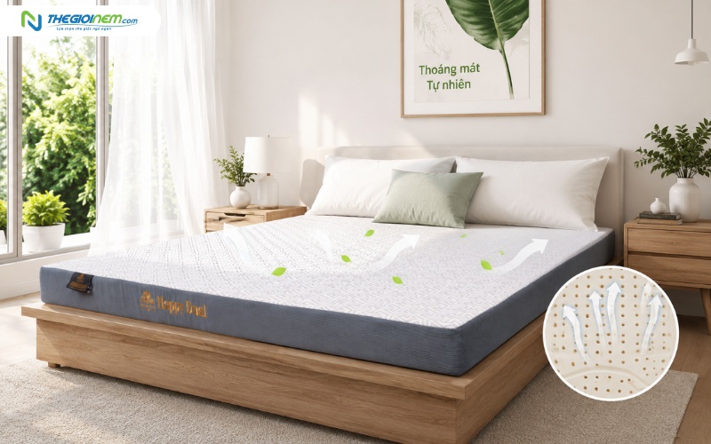 Nệm cao su có thiết kế mặt lỗ thoáng khí, tạo cảm giác mát mẻ, không hầm bí