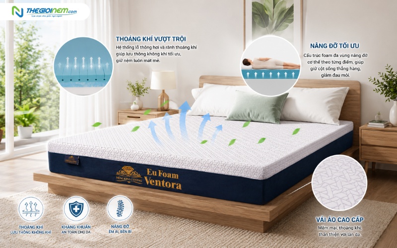 Nệm làm từ foam tỷ trọng cao, nâng đỡ tốt, thoáng khí