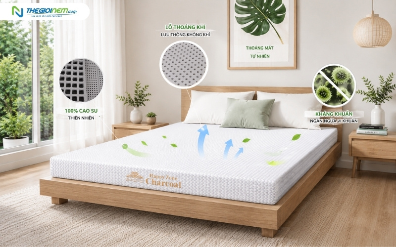 Nệm tích hợp than hoạt tính giúp kiểm soát mùi, thoáng khí, an toàn