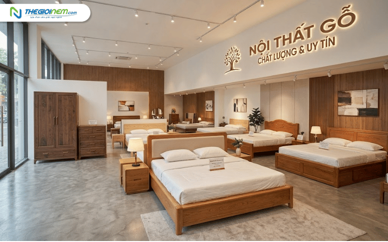Showroom trưng bày nhiều mẫu giường ngủ gỗ