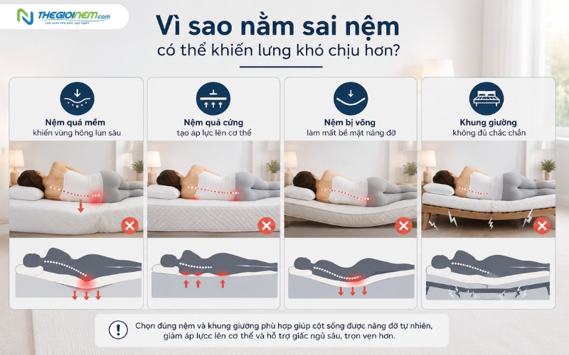 Chọn sai nệm sẽ khiến lưng khó chịu