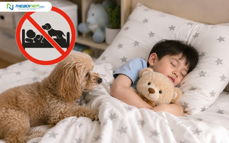 Trẻ em không nên ngủ cùng thú cưng ở trên giường