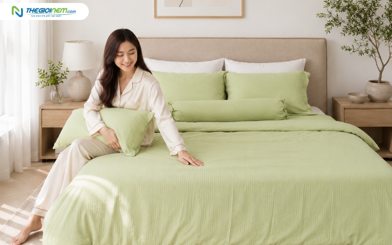 Bộ chăn ga gối tạo nên điểm nhấn cho căn phòng