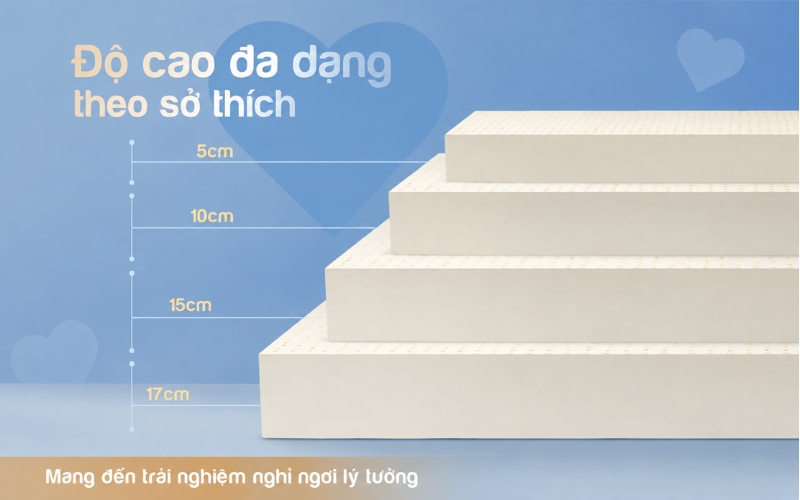 Nệm cao su Kim Cương có độ dày đa dạng