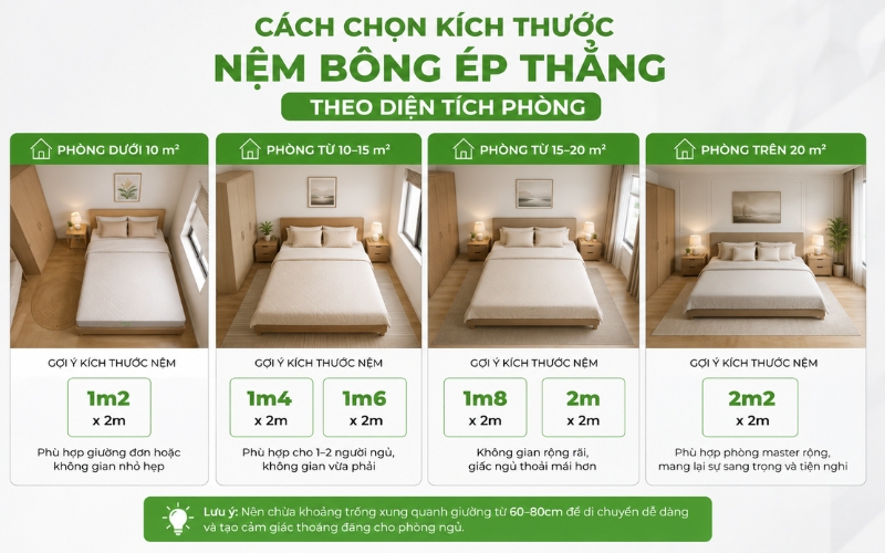 Chọn nệm bông ép thẳng dựa theo diện tích phòng