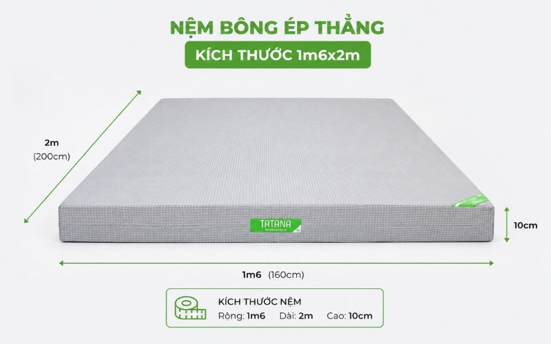 Nệm bông ép thẳng 1m6 – kích thước phổ biến cho vợ chồng