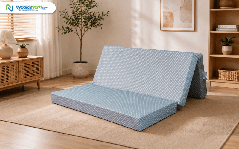 Nệm gấp 3 1m8x2m đặt trên giường ngủ rộng rãi, không gian phòng ngủ hiện đại