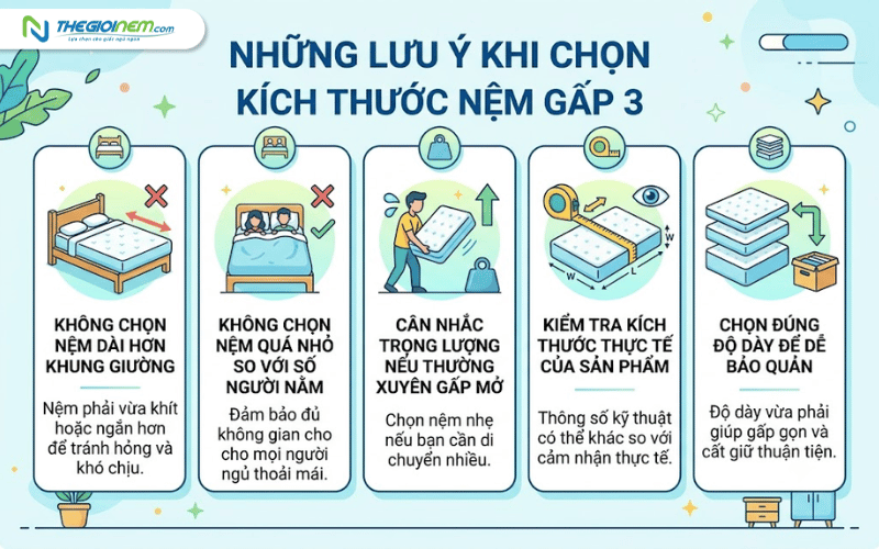 Những lưu ý khi chọn kích thước nệm gấp