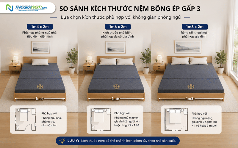 So sánh nệm bông ép gấp 1m4 1m6 1m8 trong phòng ngủ