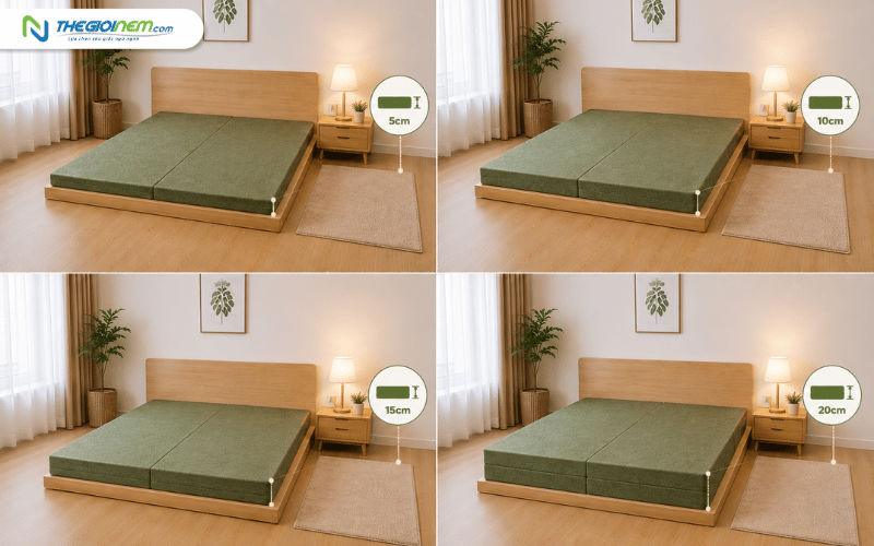 Phòng ngủ sử dụng nệm bông ép gấp dày 5cm 10cm 15cm 20cm