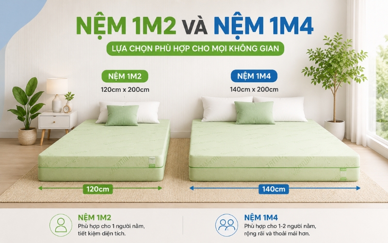 Nệm 1m2 và nệm 1m4 có kích thước rộng rãi cho 1 người nằm