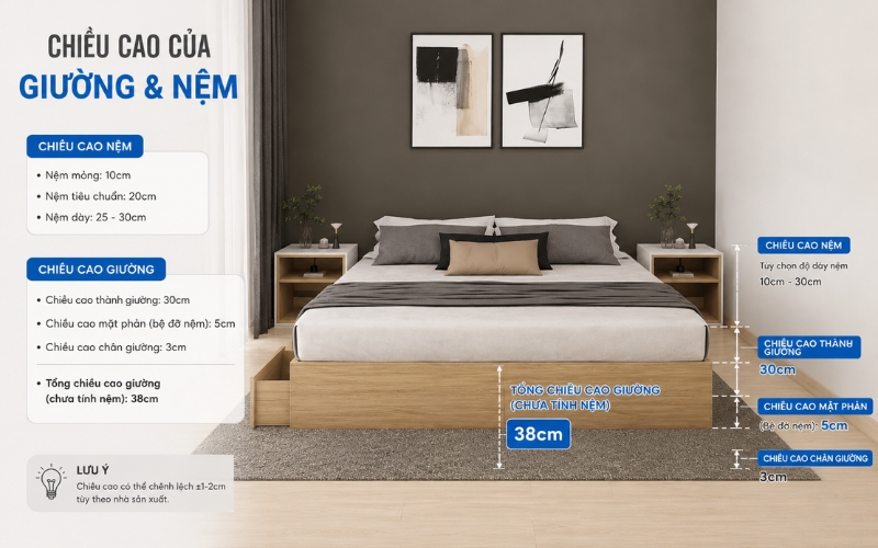 Mẫu chiều cao của giường và nệm phù hợp