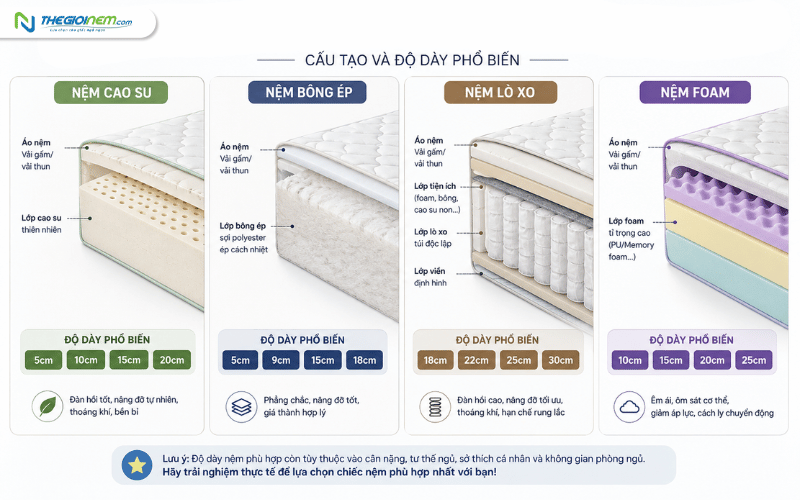 ộ dày nệm cao su nệm bông ép nệm lò xo và nệm foam