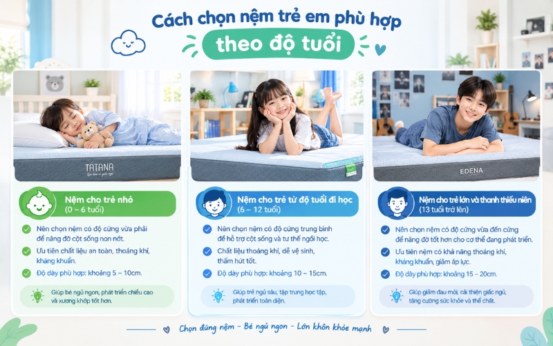 Cách chọn nệm trẻ em phù hợp theo độ tuổi
