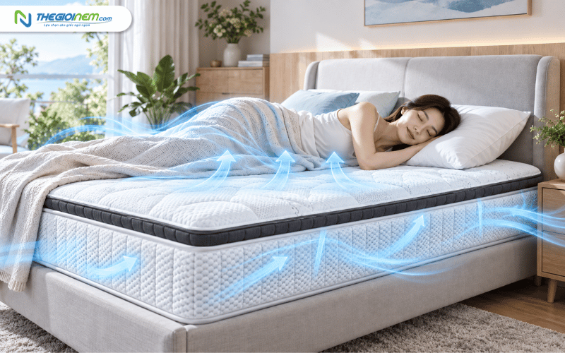 Nệm làm mát giúp bề mặt ngủ thông thoáng và hạn chế nóng lưng