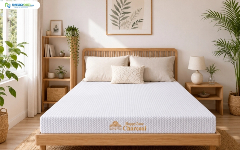 Nệm cao su Kim Cương 3 Zone than hoạt tính Happyzone Charcoal với thiết kế phân vùng nâng đỡ.