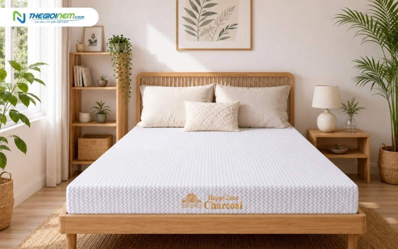 Nệm cao su Kim Cương 3 Zone than hoạt tính Happyzone Charcoal được giới thiệu để tham khảo cấu tạo.
