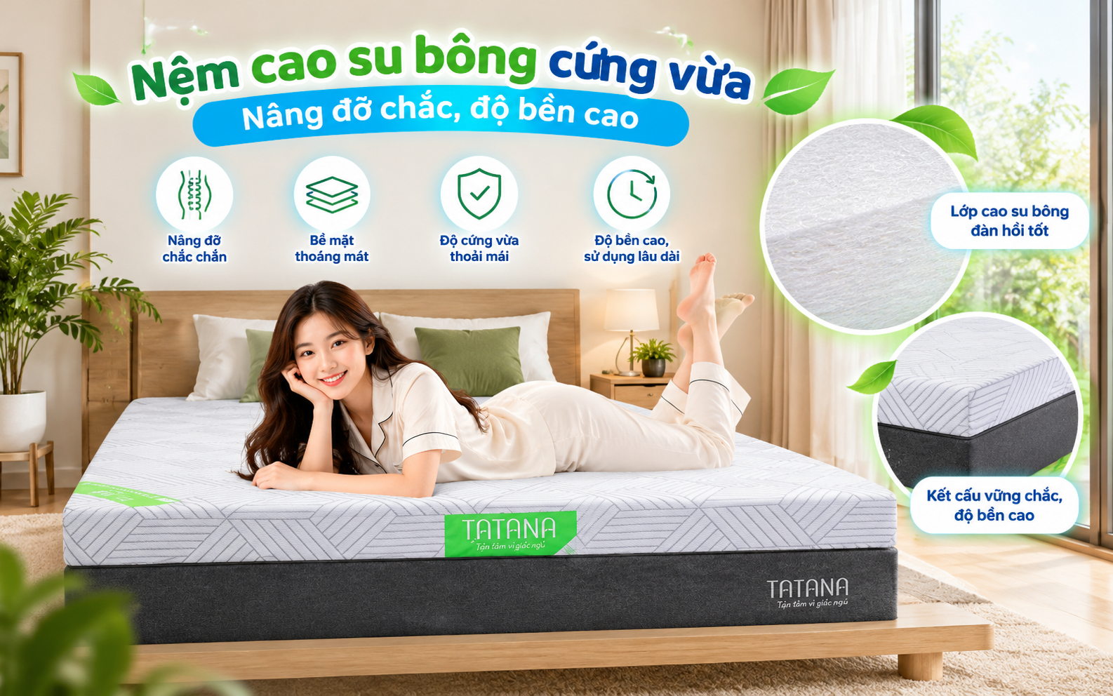 Nệm cao su bông cứng vừa, nâng đỡ chắc, độ bền cao