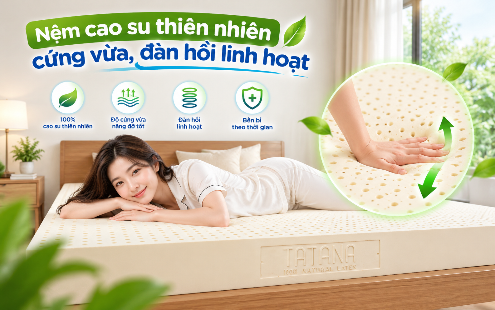 Nệm cao su thiên nhiên cứng vừa, đàn hồi linh hoạt