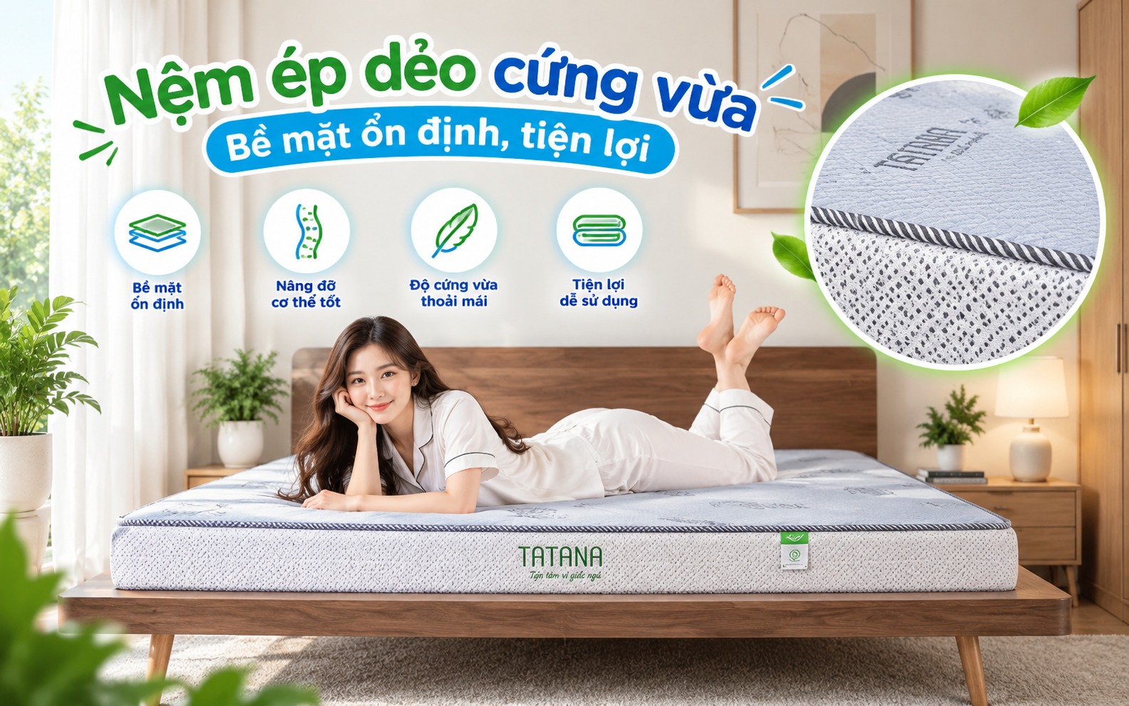 Nệm ép dẻo cứng vừa, bề mặt ổn định, tiện lợi