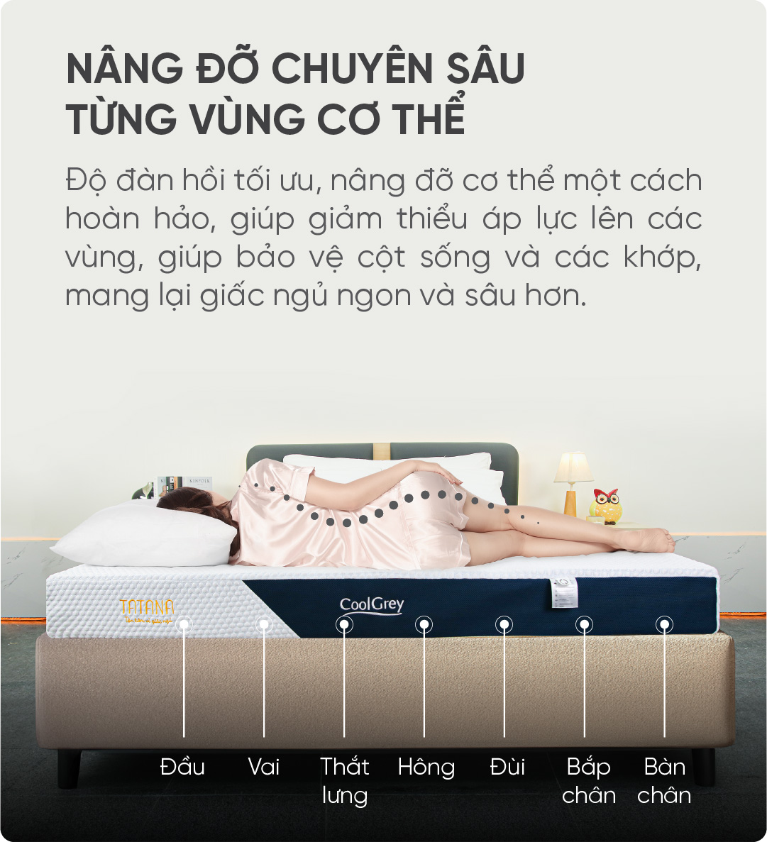 Đệm cao su thiên nhiên than hoạt tính Tatana Cool Grey