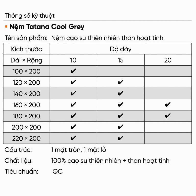 Nệm cao su thiên nhiên than hoạt tính Tatana Cool Grey