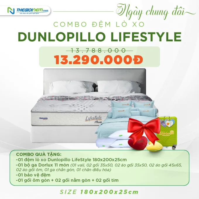 Combo 6: Đệm lò xo Dunlopillo Lifestyle + chăn ga Dorlux + bảo vệ đệm + gối 