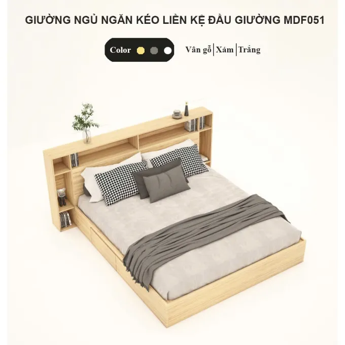 Giường Ngủ Ngăn Kéo Liền Kệ Đầu Giường Tatana MDF051 thiết kế tiện lợi, sang trọng cho không gian phòng ngủ