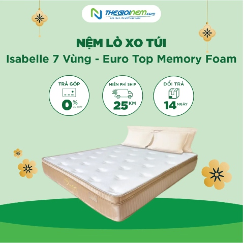 Nệm lò xo túi Isabelle 7 vùng – Euro Top Memory Foam Giảm 20%